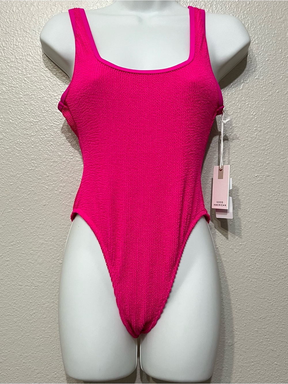 Good American Pink Crinkle Square Neck One Piece Swimsuit Size S/M